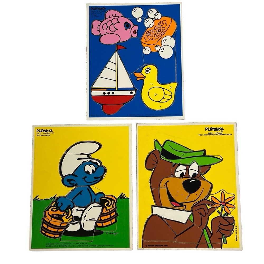 Vintage Playskool‎ Wood Board Tray Puzzle Lot Of 3 Yogi Smurf Bath Time 1982